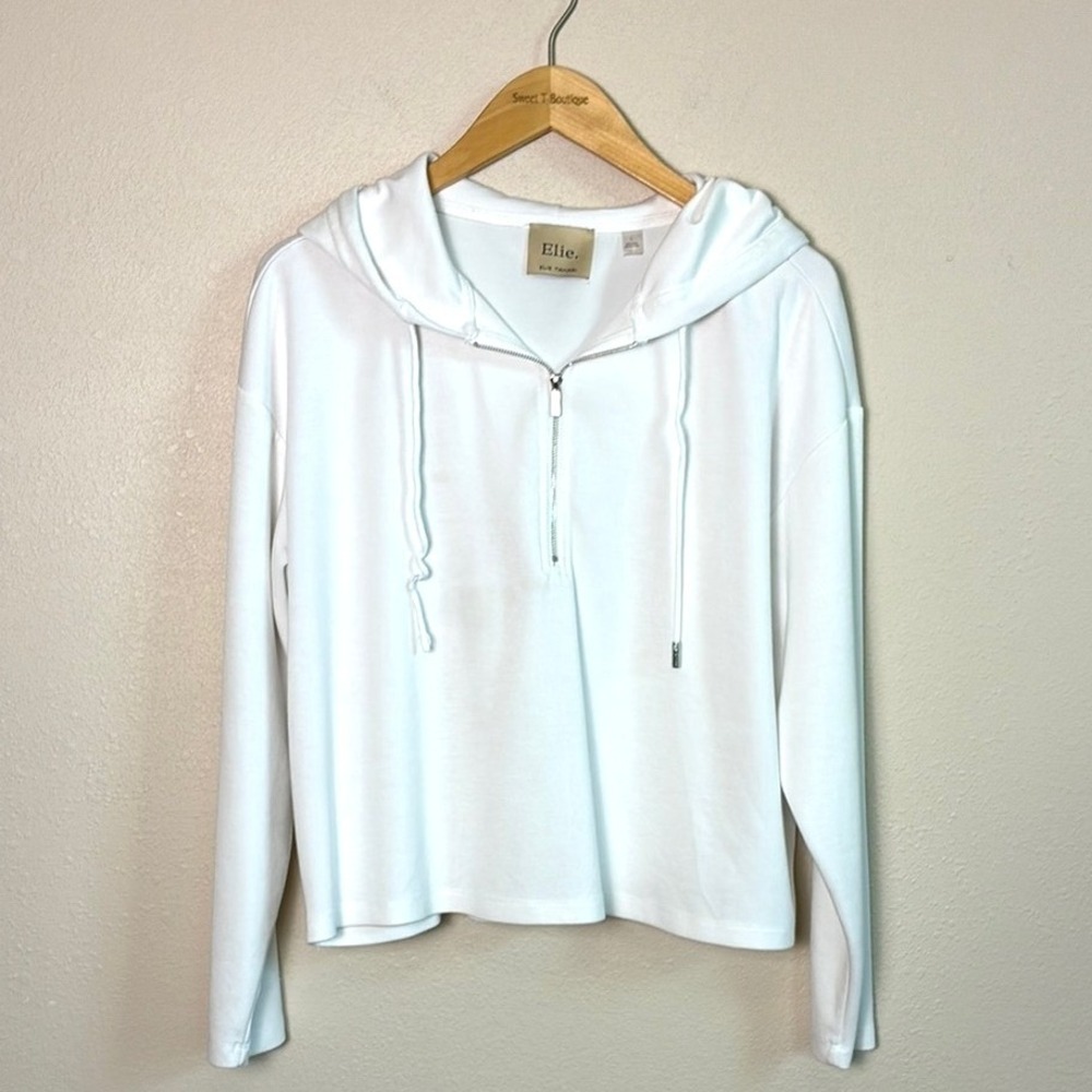 ELIE. by ELIE TAHARI Women Large White Modal Blend Cropped Quarter Zip Hoodie